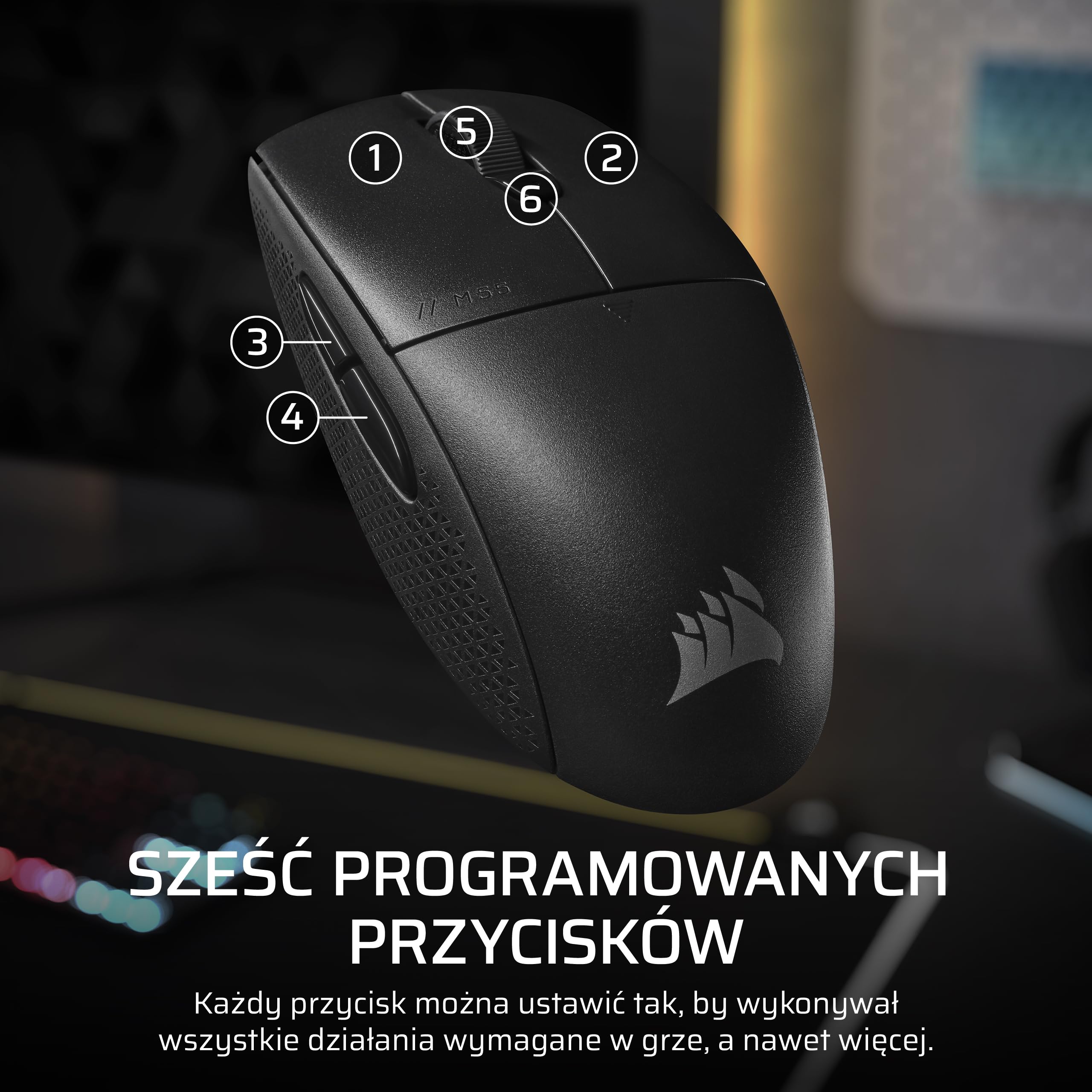 CORSAIR M55 WIRELESS Lekka FPS Mysz Gamingowa – 2.4GHz & Bluetooth – 24 000 DPI – Ultradługi czas Działania na Baterii – Sześć Programowanych Przycisków – Uchwyty Boczne o Fakturze – Czarny