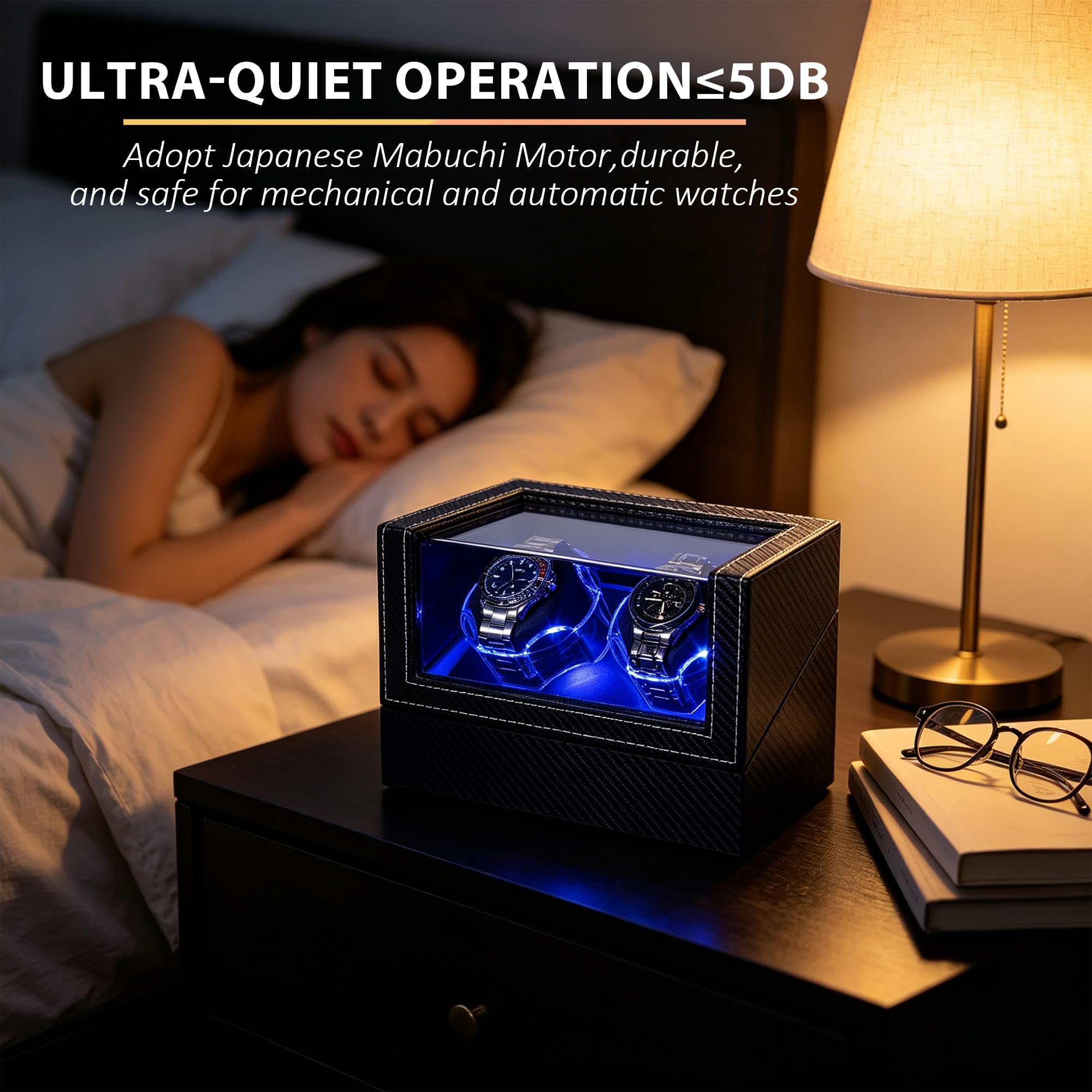 Anyasun Uhrenbeweger für Automatikuhren: doppelte automatische Uhrenbox mit super leisem Motor und LED-Hintergrundbeleuchtung, 4 Modi drehbares Uhrengehäuse, Typ-C-Adapter