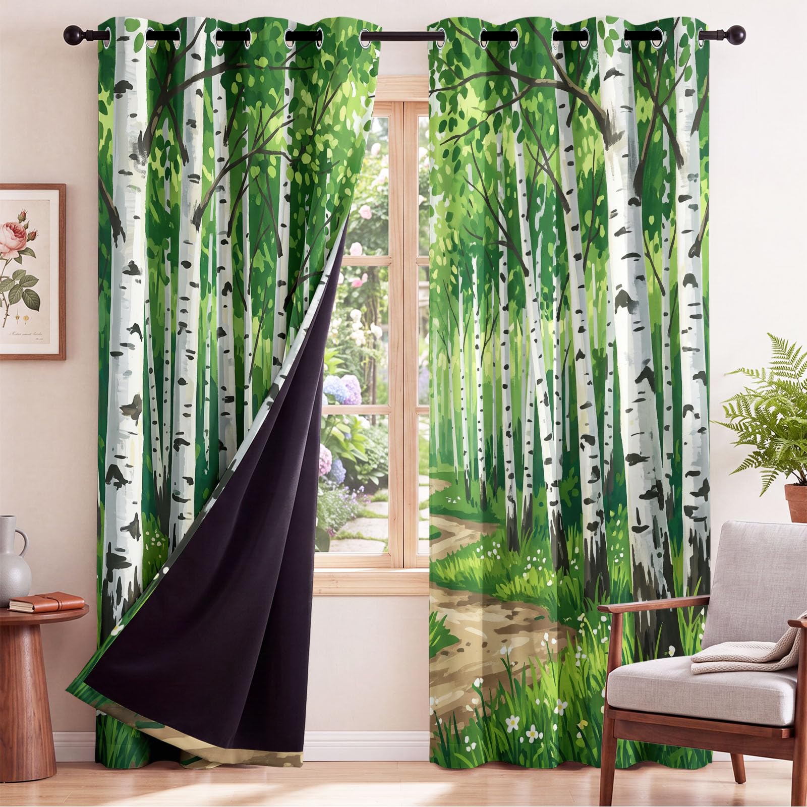 Générique Rideau Occultant Naturel Frais 135 x 245 CM, Forêt Bouleau Rideaux et Draperies pour Enfants Filles Chambre Salon Rideaux de Fenêtre Thermiques Isolants