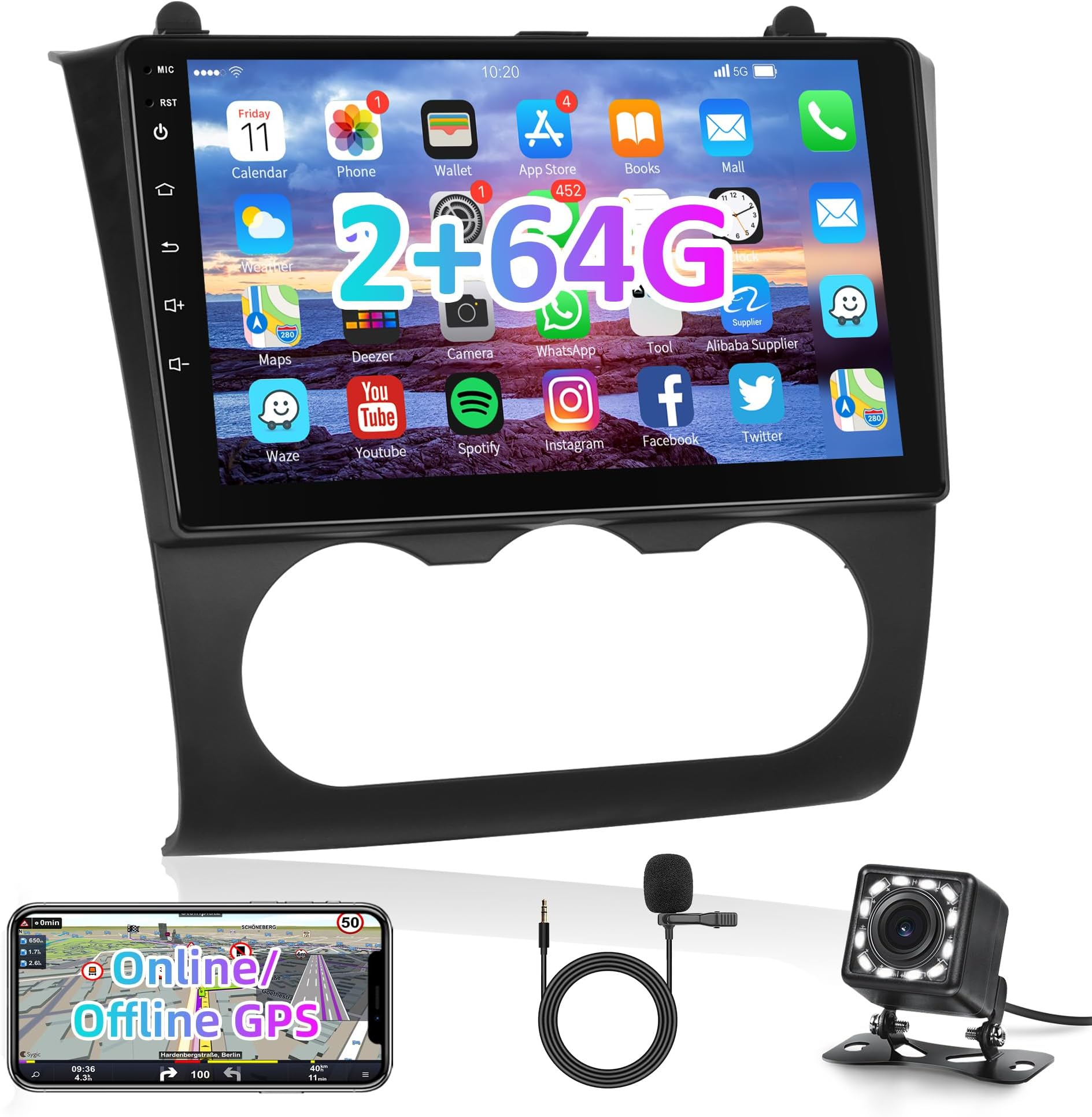 podofofor Nissan Altima 2008-2012 Android Car Stereo 2+64G with Mirror Link WiFi GPS Navigation FM/RDS Radio Player 9" HD Touchscreen Auto Car Radio Backup Camera Multimedia Head Unit (Manual A/C)