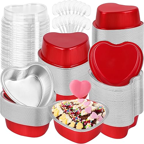 120 piezas de 3.4 onzas de 3.4 onzas en forma de corazón de San Valentín con tapas y cucharas, mini moldes de papel de aluminio para pasteles, disponible en Yaxa Peru
