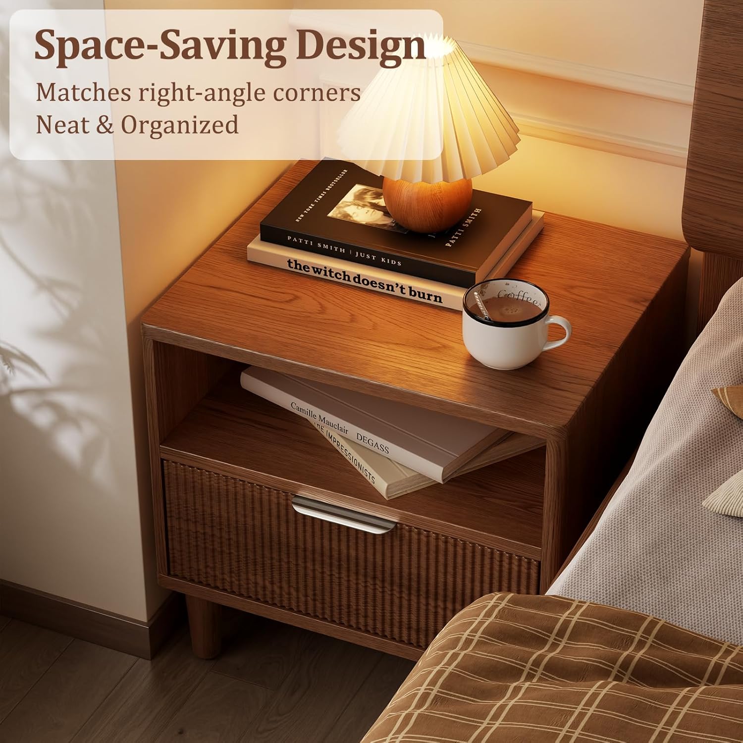 Fluted Nightstand, Mid Century Modern Nightstand, Walnut Finish Bedside Table with Drawer and Open Shelf, Bedroom Side Table, 18.9" W x 15.7" D x 18.5" H