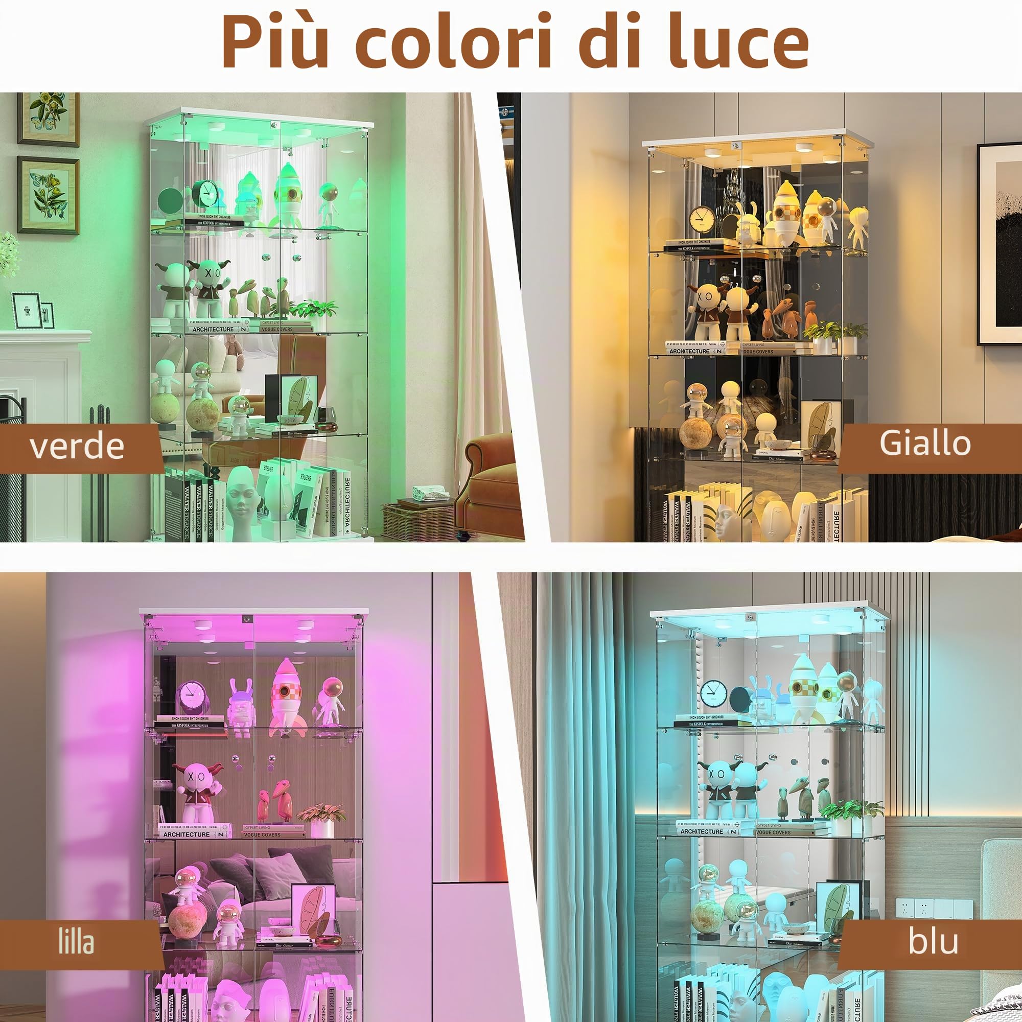 Vetrina in vetro con LED, armadio vetrina da collezione, 2 ante a serratura, 4 ripiani e fondo specchio, 164 x 80,5 x 36,5 cm, bianco