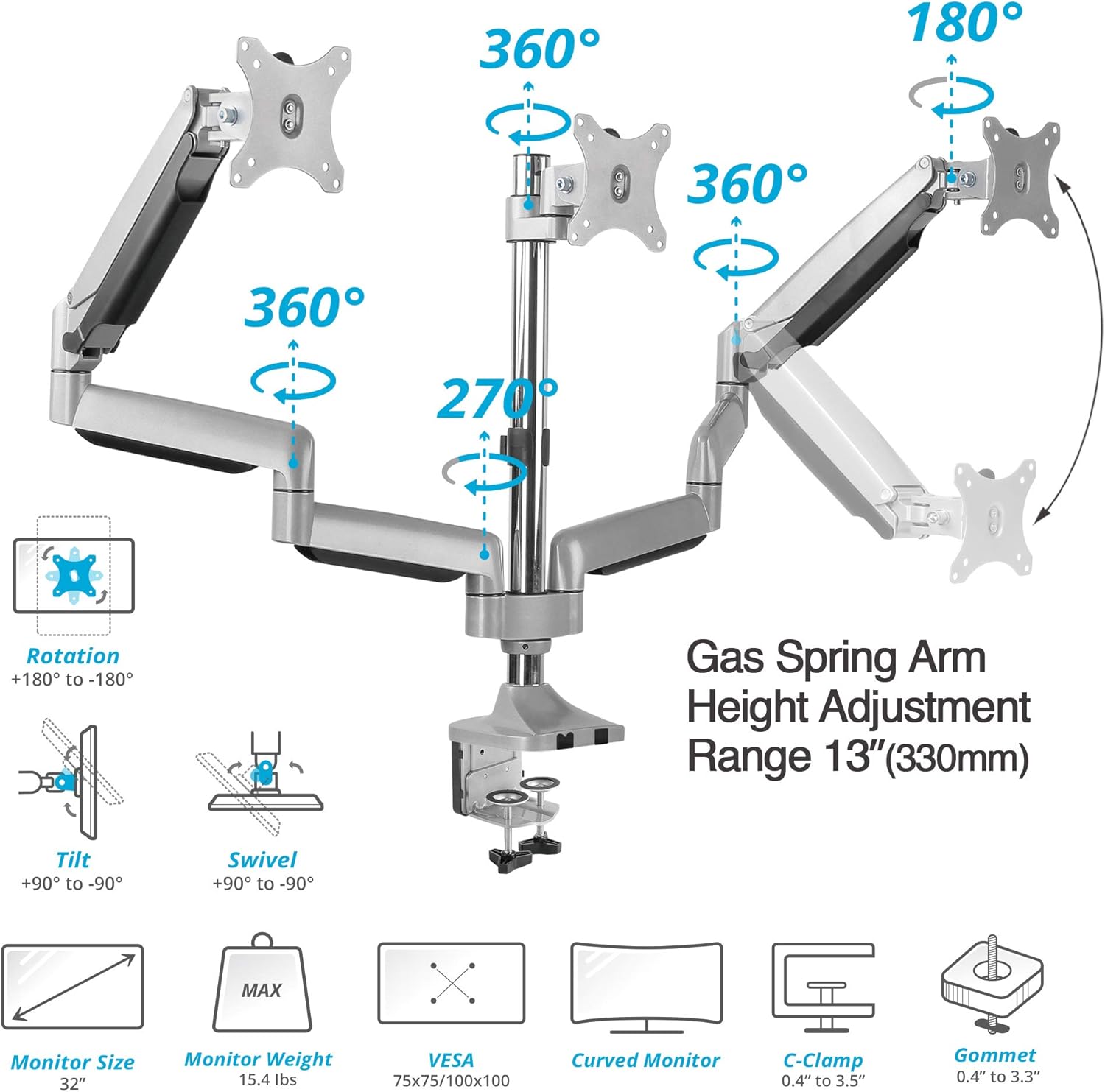 🔥 Hоt Dеаlѕ AVLT Triple 13-32 Monitor Arm Desk Mount fits Three Flat/Curved Monitor Full Motion Height Swivel Tilt Rotation Adjustable Monitor Arm - VESA/C-Clamp/Grommet/Cable Management Gеt Chеар Prісе AVLT Triple 13-32 Monitor Arm Desk Mount fits Three Flat/Curved Monitor Full Motion Height Swivel Tilt Rotation Adjustable Monitor Arm - VESA/C-Clamp/Grommet/Cable Management