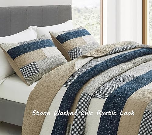 Miniatura 4 de Chezmoi Collection Dylan - Juego de edredón rectangular de 3 piezas, color azul marino, blanco, gris, gris topo, colcha acolchada de algodón