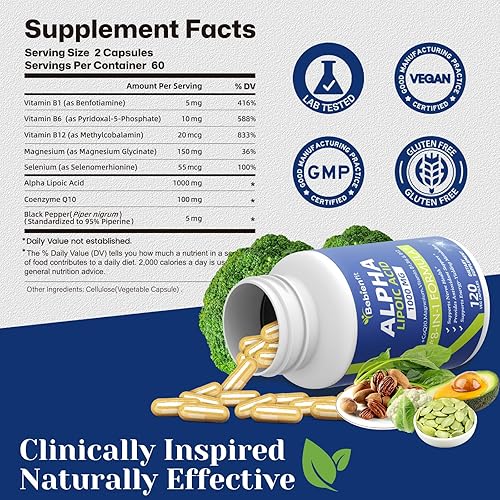 Miniatura 5 de Ácido alfa lipoico 1000 mg (ALA) con benfotiamina B1, B12, CoQ10 y selenio Apoya la salud nerviosa, la energía y el metabolismo 120 cápsulas (120