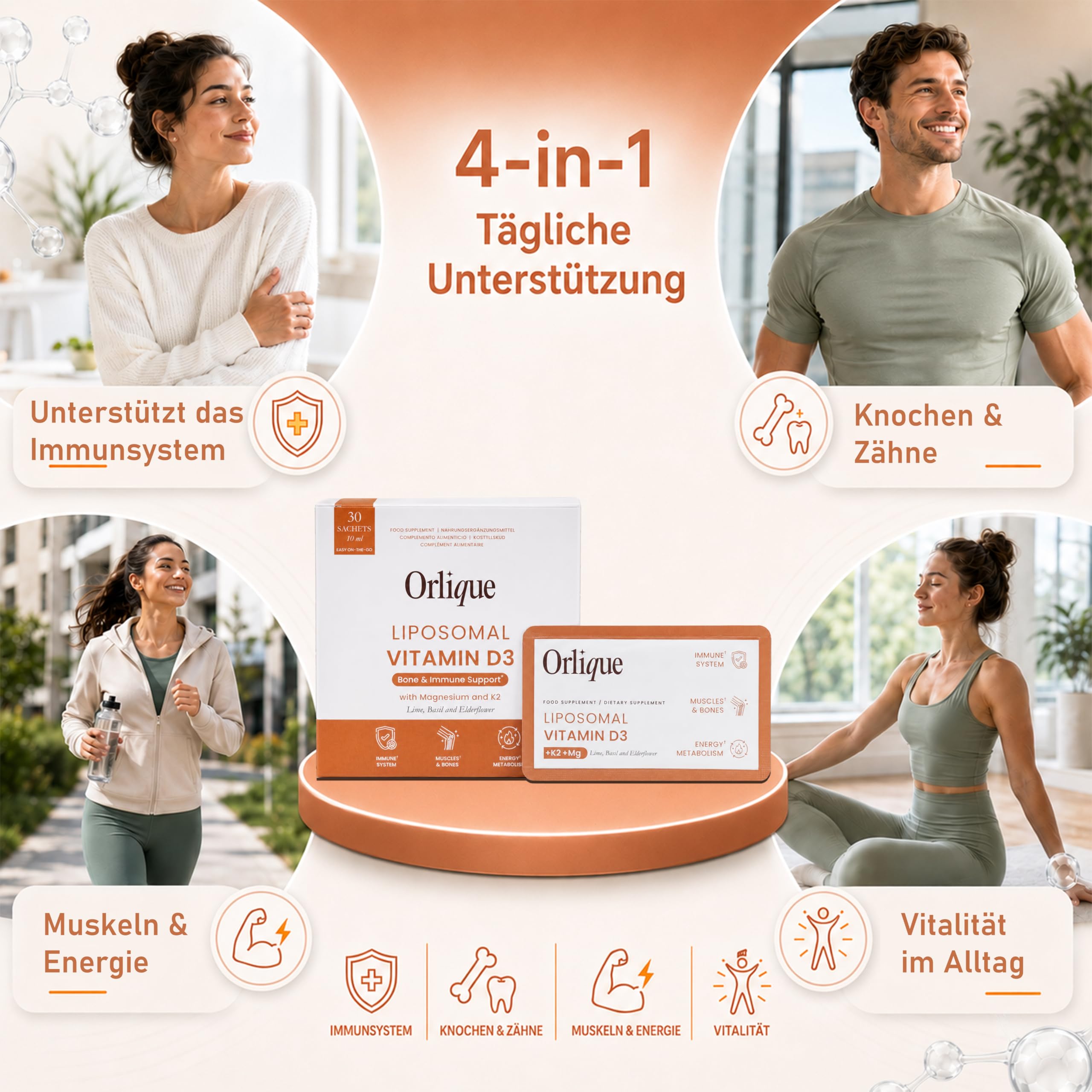 Liposomales Vitamin D3 K2 Magnesium Flüssige - 30 Sachets - Hochdosiert 100 mcg Vitamin D3 pro Tag - 1 Monatsvorrat - Hohe Bioverfügbarkeit für Immunsystem, Knochen & Muskeln - Vegan & Lab Getestet