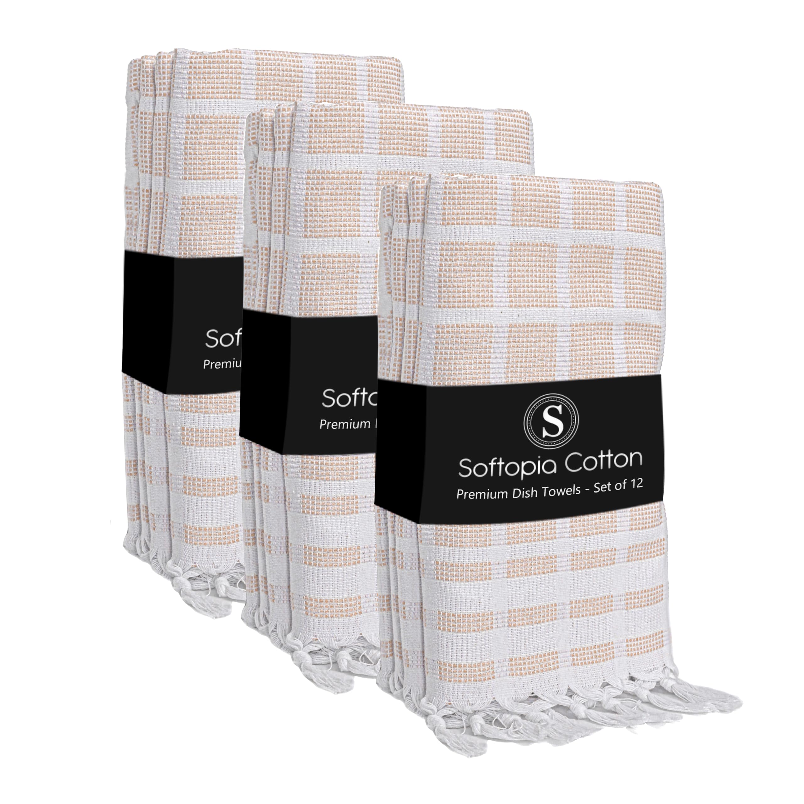 Matrix Dobby Kitchen Towels 12 Pack 100% Cotton, 16"x26", Handmade Knotted Tassel Dish Towels, Reusable &amp; Washable Cloths for Drying, Absorbent Tea Towel for Cleaning - Beige, White