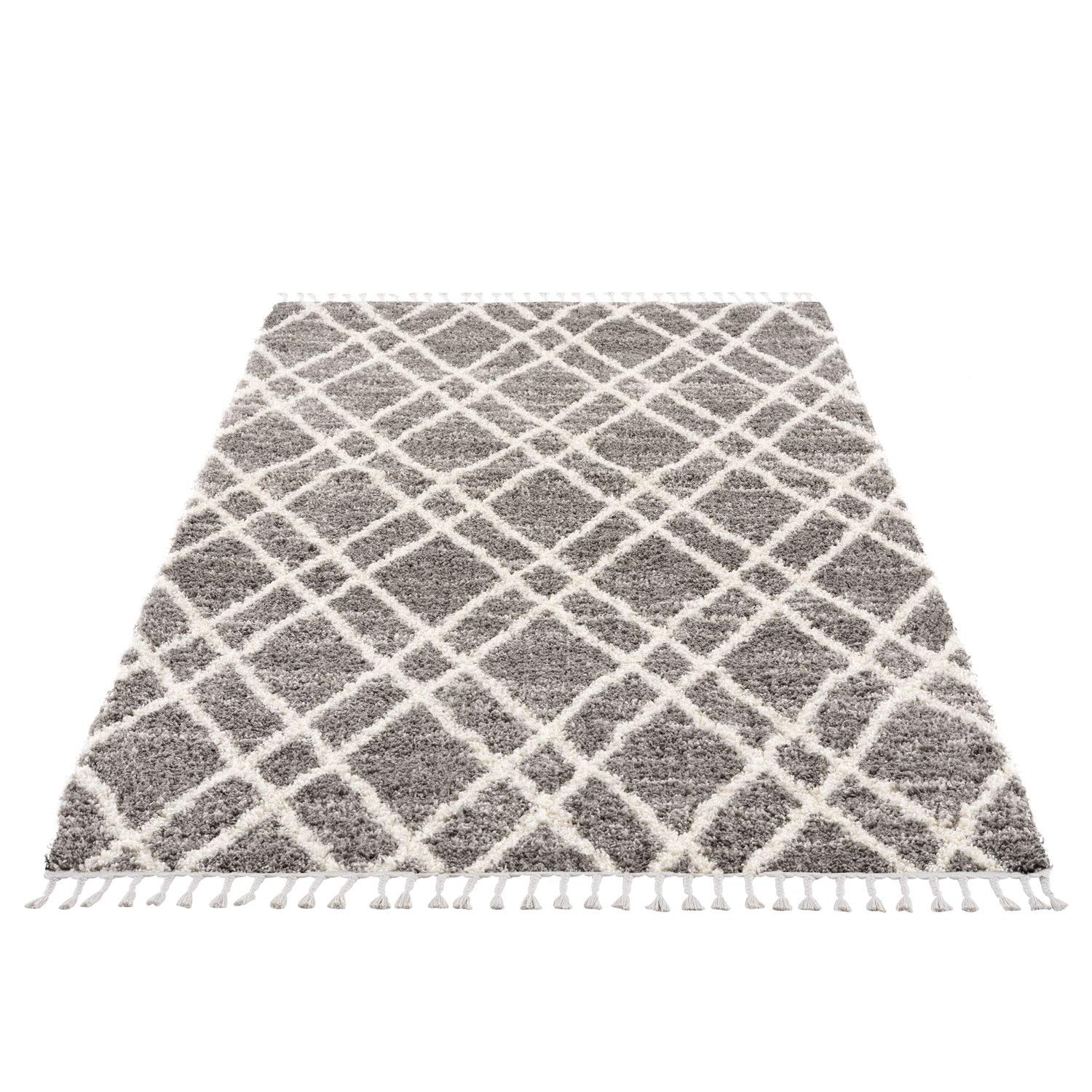 carpet city Tapis Shaggy à Poils Longs Gris/Blanc Super Doux au Style Ethnique pour Salon et Chambre à Coucher Dimensions 200/290 cm x 200 cm