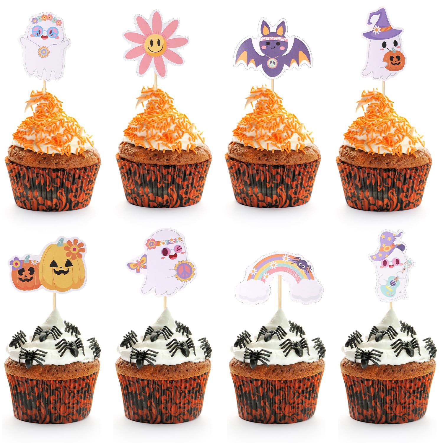 24 Stück Halloween Cupcake Topper | Mit Zahnstochern, 8 Designs, Für Party