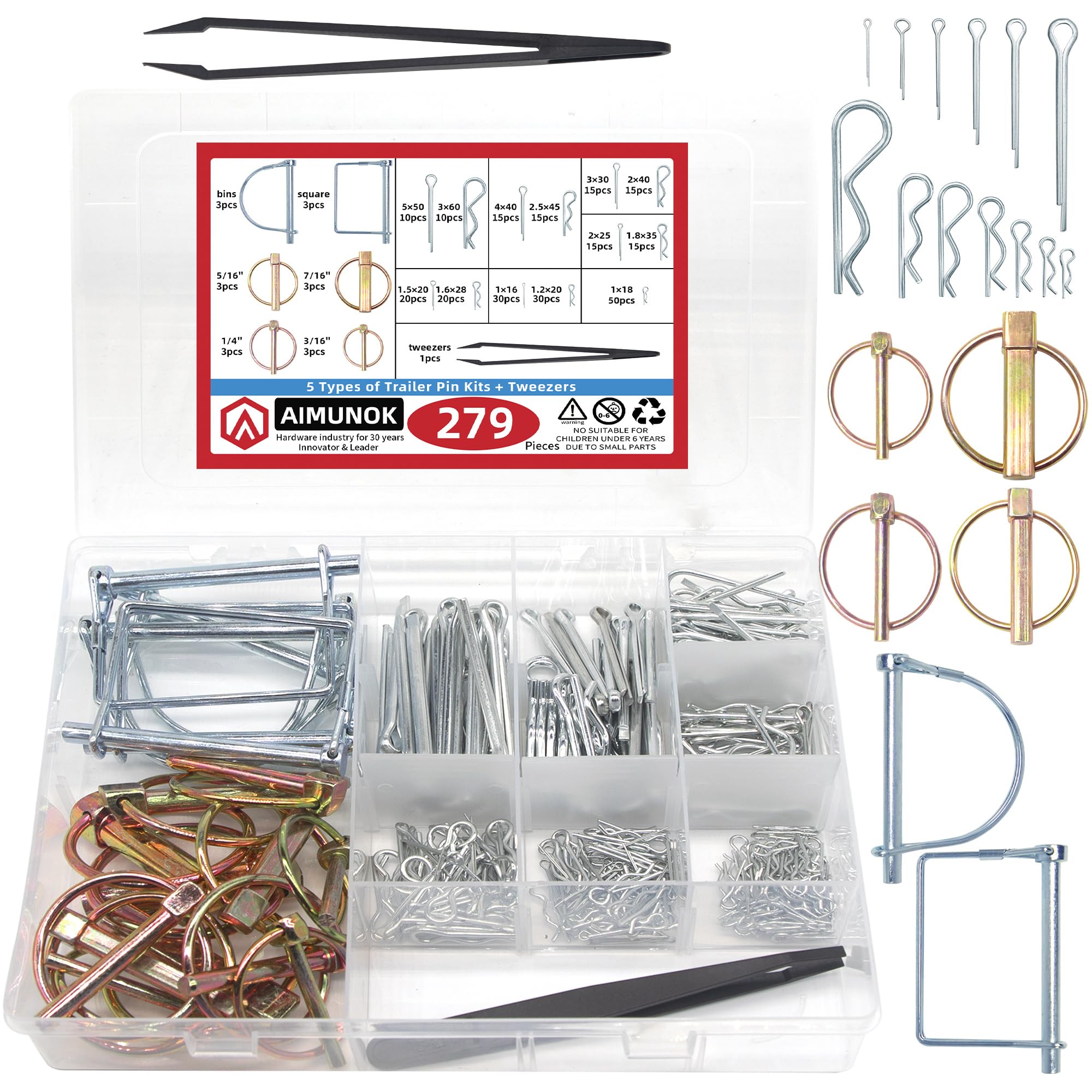 AIMUNOK 279-Piece Heavy Duty Carbon Steel Pin Assortment Kit, Hitch Lock & R-Clip Cotter/PTO Pins for Trailers/Tractors/Trucks, Galvanized Fastener