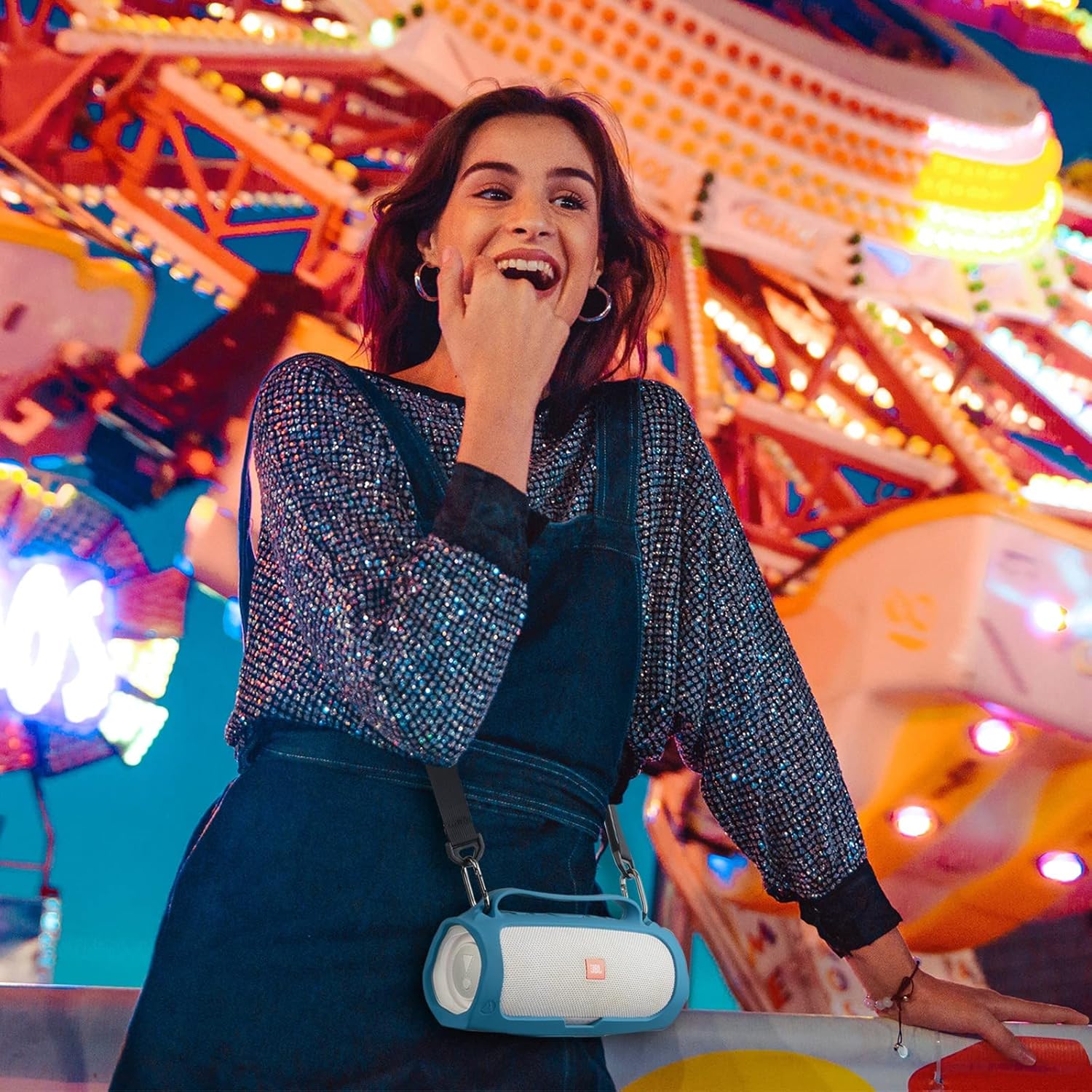 TXEsign Silicone Case for JBL Charge 4 Portable Waterproof Speaker, Travel Carrying Case Protective Pouch Cover with Handle Adjustable Shoulder Strap and Phone Holder Stand (Blue) - Image 2