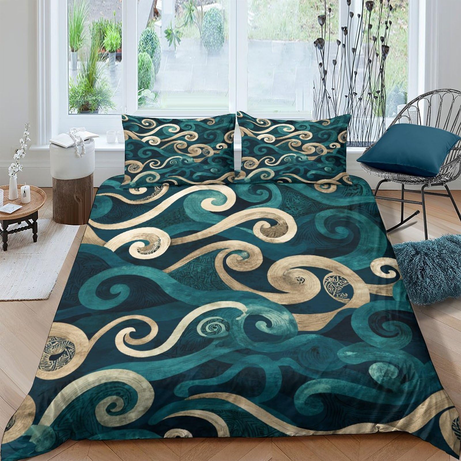 Ctjqhvkz Style-6 3D Printed Ocean Swirl Fitted Sheet Microfiber Teal Gold Wave Mattress Cover For Bedroom Guest Room Decor Single（135X200cm）