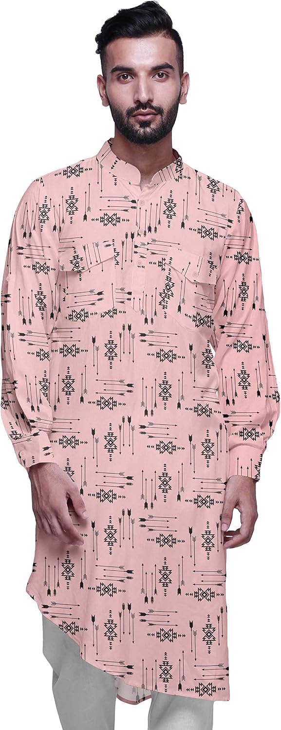 Atasi Asymmetric Style Rayon Mens Kurta Printed Long Casual Kurta Shirt