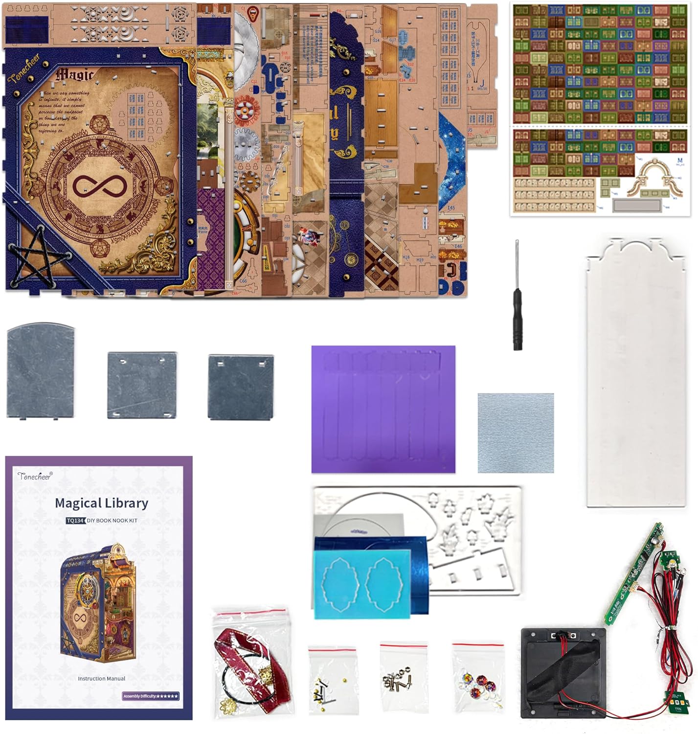 Tonecheer DIY Book Nook Kit for Adults, 3D Wooden Puzzle Bookend Miniature House Kit, Booknook Bookshelf Insert Decor with Dust Cover and LED Lights Gifts (Magical Library)