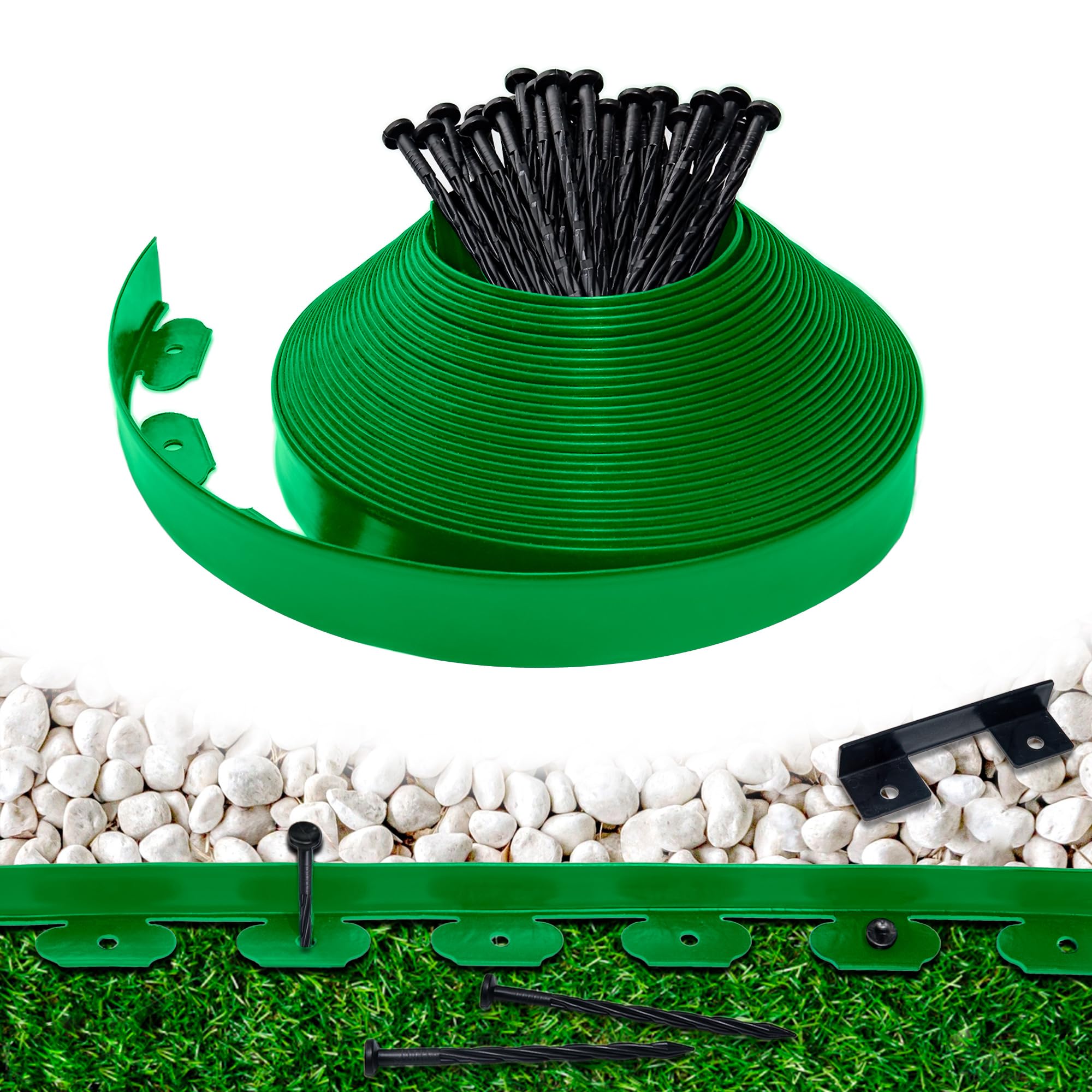 Landscape Edging Border 60 FT 2 Inch Tall with 120 Spikes, Plastic Edging for Landscaping, Garden Edging Border， Flower Bed, Paver and Lawn Edging Border, Green