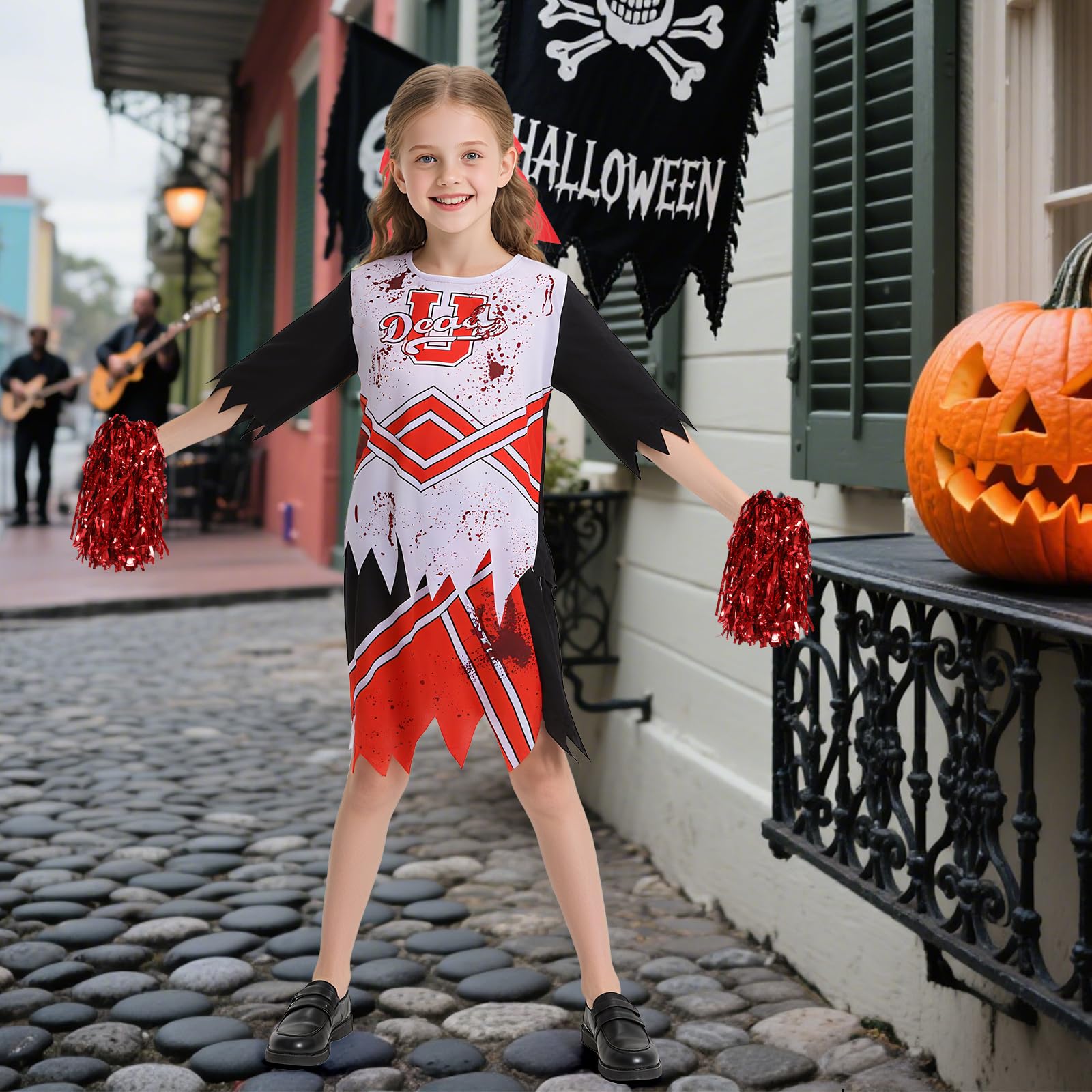 Joyincoser Dead Zombie Cheerleader Costume Kids with Pompoms and Red Bow Horror Scary Bloody Fancy Dress Gift for Halloween Party Carnival Horror Cosplay (Large) - Image 4