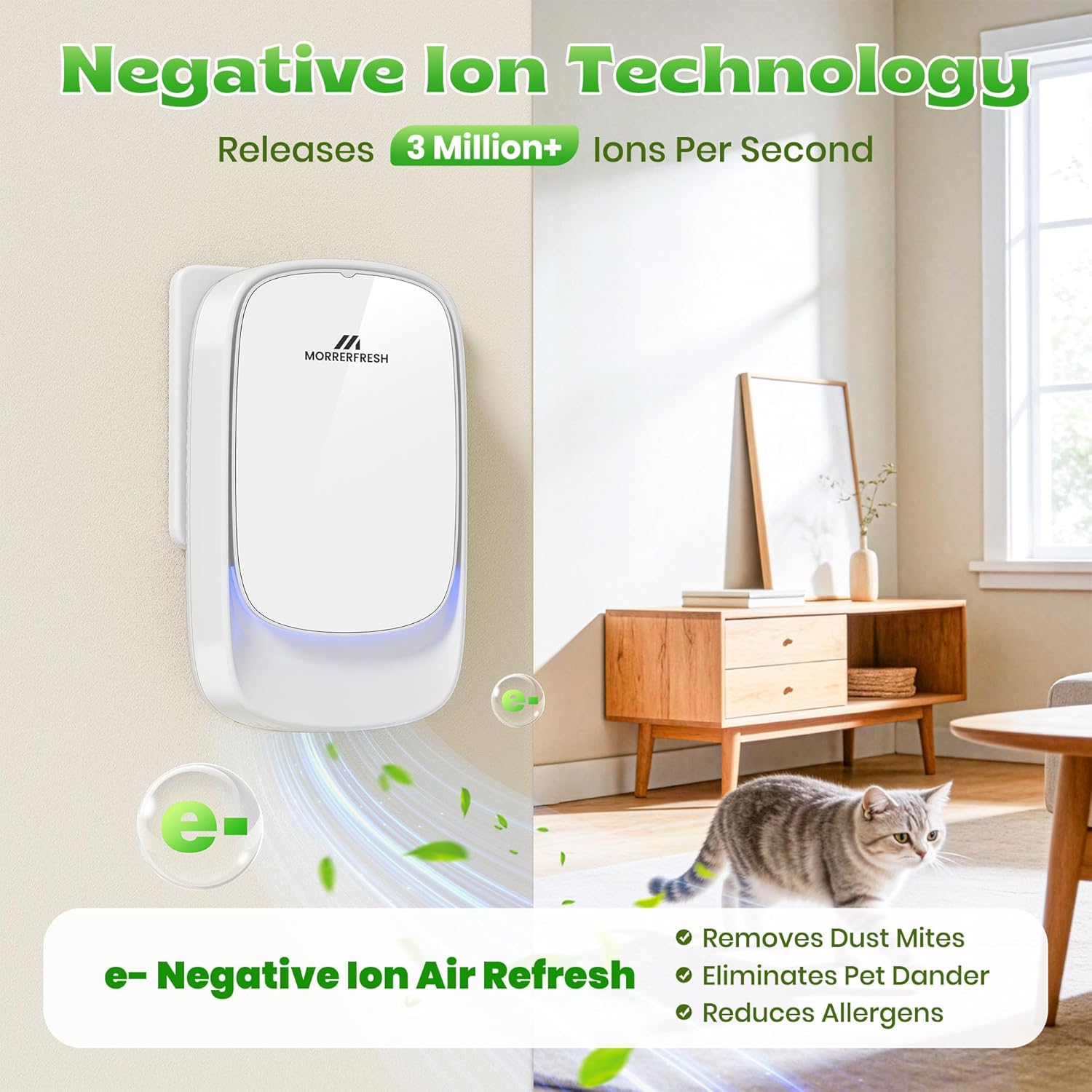 Air Ionizers, Plug in Negative Ion Air Purifier, Pet Odor Eliminator for Dogs/Cats, Ozone Free Quiet Air Freshener for Small Spaces/Cat Litter Room, Kitchen, Smoke Dust, Mini Air Cleaner