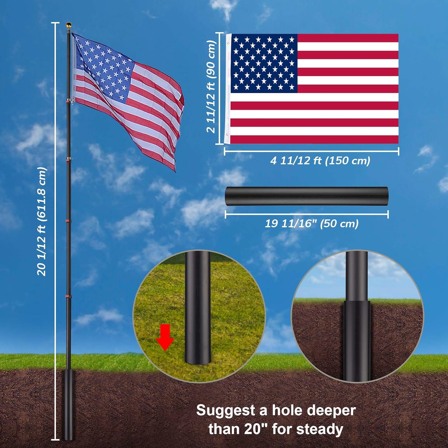 Yeshom 20Ft Black Telescopic Aluminum Flag Pole 16 Gauge Fly 2 Flags 3'x5' US Flag & Ball Top Kit Telescoping Flagpole Yard Outdoor Garden