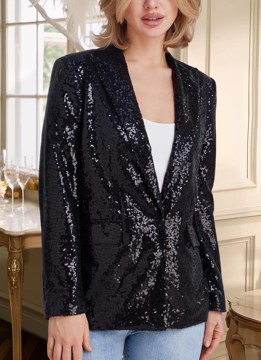 Women's Sequin Suit Jacket Open Front One Button Long Sleeve Blazers Party Sparkly Cardigan Coat with Pockets - Image 5
