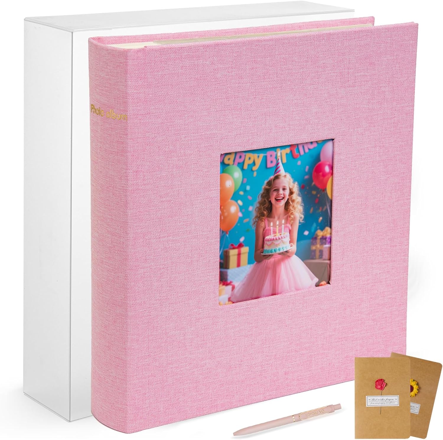 Photo Album 4x6 200 With Writing Space Linen Photo album Book Handmade Double Cover & Gold Foil stamping,2 Cards & PET Case & Pen fit Wedding Family Pets Gifts(Pink)