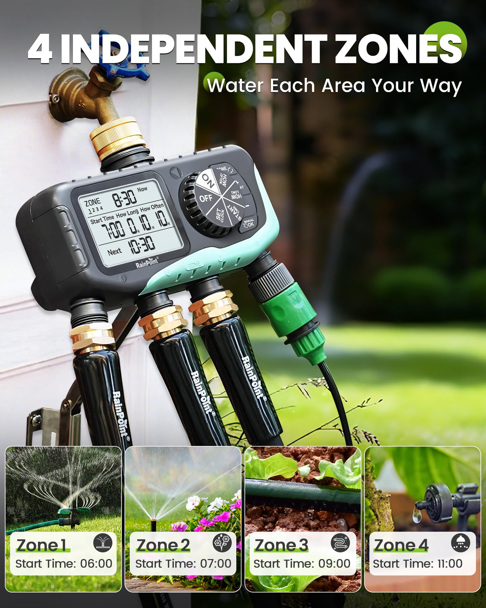RAINPOINT 4-Zonen-Wasser-Timer, Messingeinlass, IP65 Wasserdicht Automatisch Programmierbar Bewässerungsschlauch Sprinkler Timer mit Regenverzögerung/Manuelle Steuerung, für Garten Rasen Bewässerung