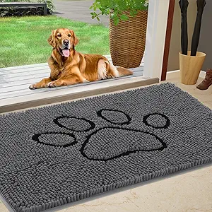 Dog Door Mat for Muddy Paws, Pet Rug Chenille Absorbent Outdoor Doormat 30"x 20", Non Slip Heavy Indoor Doormat Soft Front Inside Doormats for Entryway, Mud Paws, Patio,Dog Paw Black Grey