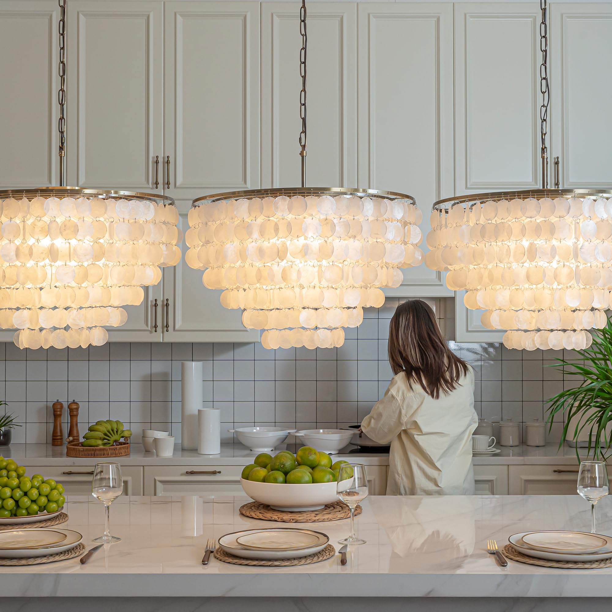 ALOADECOR 6-Light Coastal Natural Capiz Shell Tiered Chandelier