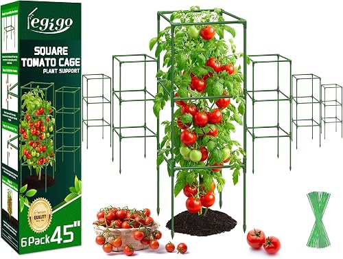 Legigo 6 Pack 45 Inch Tomato Cages for Garden, Heavy Duty Tomato Trellis | Adjustable & Reusable Square Tomato Plant Support Stakes for Raised Garden Bed, Climbing Vegetables Flowers, Easy Assembly