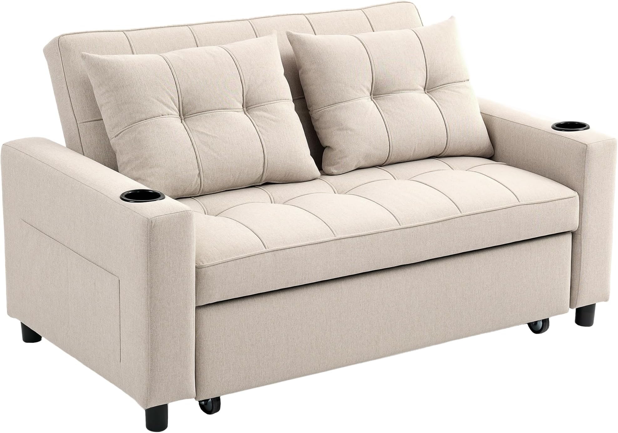 HOMCOM 2 Seater Sofa Bed, Linen Click Clack Sleeper Sofa with Pull Out Design, 2 Pillows, Cup Holders, Side Pockets, Convertible Loveseat Bed Settee for Living Room, 157x190cm, Beige