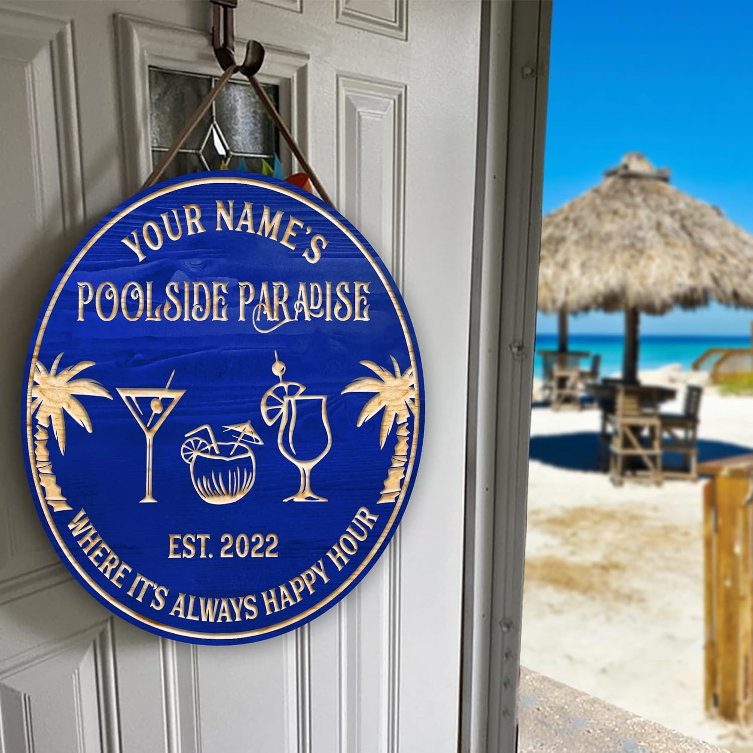 Artsy Woodsy Personalized Pool Decor Wood Sign (Not Carved or Neon) Wall Art Plaque, Tropical Summer Decor, Poolside Area Backyard Bar & Grill Patio Deck Tiki Bar Outdoor Outside Accessories (07)