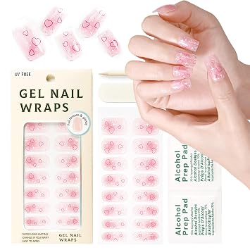 U-LIAN Semi Cured Gel Nail Strips, 16 Pcs No LED Lamp Needed Pink Semicured Gel Nail Strips - UV Free, Salon Quality Pink series Nails Polish Stickers for Women - Contains 16 Wraps, 1 Prep Pad, 1 File
