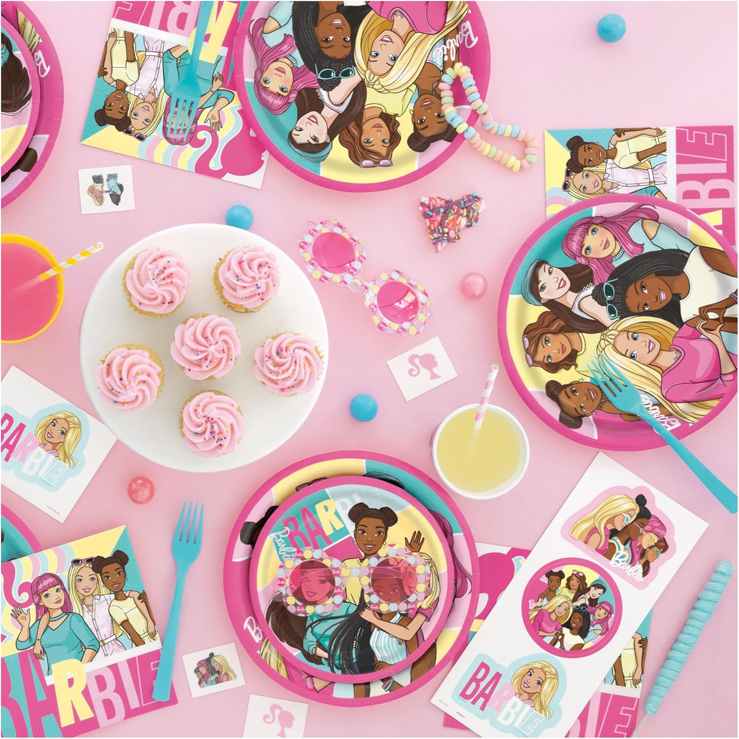 HOME & HOOPLA Barbie and Friends Pink Birthday Party Plates and Napkins (32 Pieces) - Dinner and Dessert Variety Pack