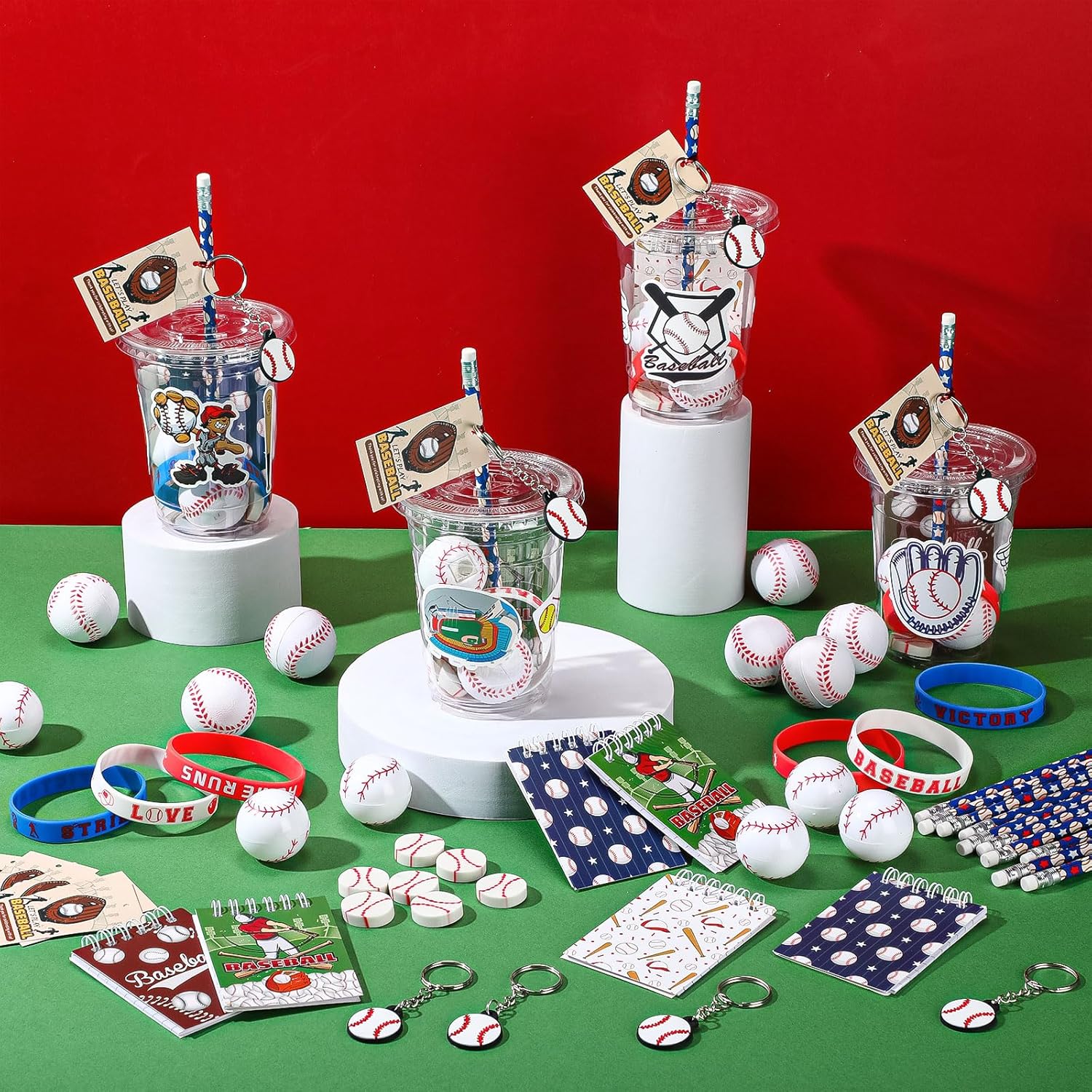 Colarr 195 Pcs Baseball Birthday Gifts Party Favors Gift Cups Pencils Mini Book Keychains Wristbands Stickers Thank You Cards Eraser Sharpener Mini Ball for Basketball Football Soccer Party - Image 4