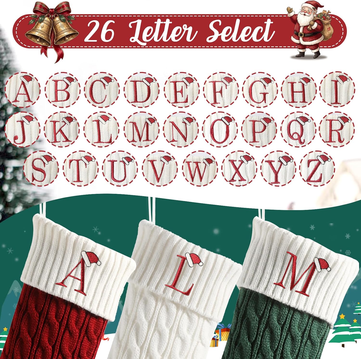 Christmas Stockings with Initials,Red Embroidered Monogram Xmas Stocking, 18'' Large Knitted Christmas Stocking for Kids Family, Hanging Stocking Fireplace Mantel Holiday Party Decoration (Letter M)