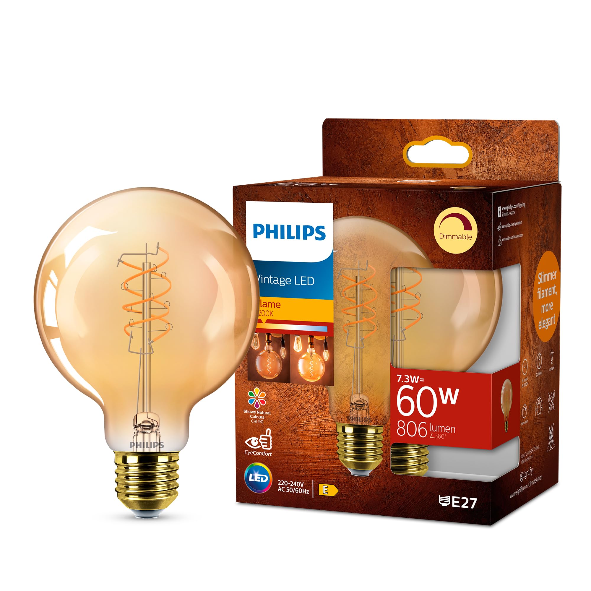Philips Philips Vintage Amber Spiral G95 Bulb, Dimmable, Flicker-Free, EyeComfort, 806 Lumen, Flame (2200 K), 7.3 W=60 W, E27 Base, 1-Pa