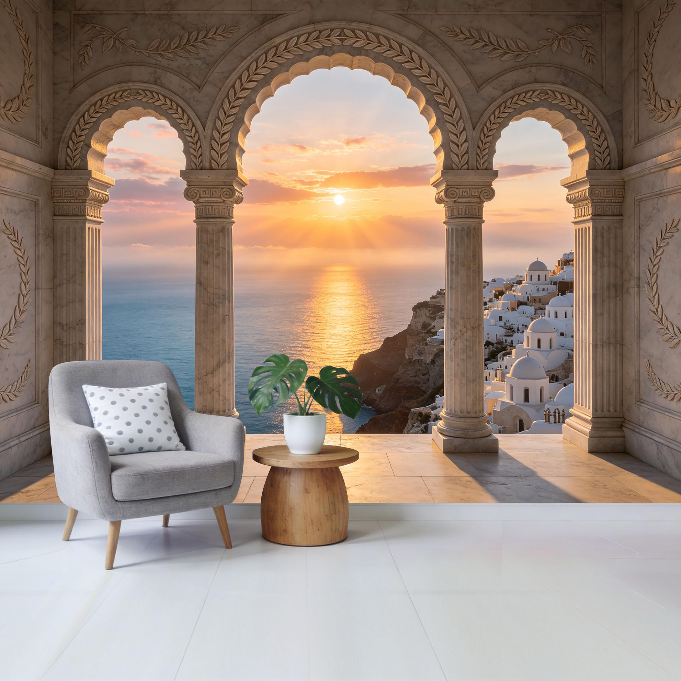 Removable Self Adhesive Fabric Mural， Mediterranean Coastal Sunset Arch Window Custom Size Wall Covering， UV Protected Waterproof Washable Wall Decor for Living Room Bedroom Bathroom