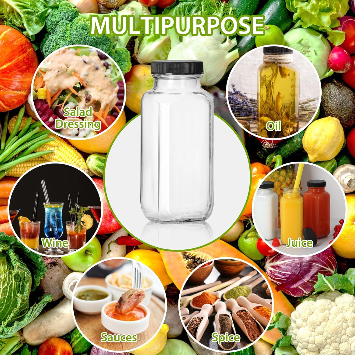 Alotpower 12 oz Glass Juice Bottles with Lids 12Pack, 360ml Square Reusable Drinking Bottles for Juicing, Water, Kombucha Juices, Milk, Beverages and More (12fl.oz, Set of 12)