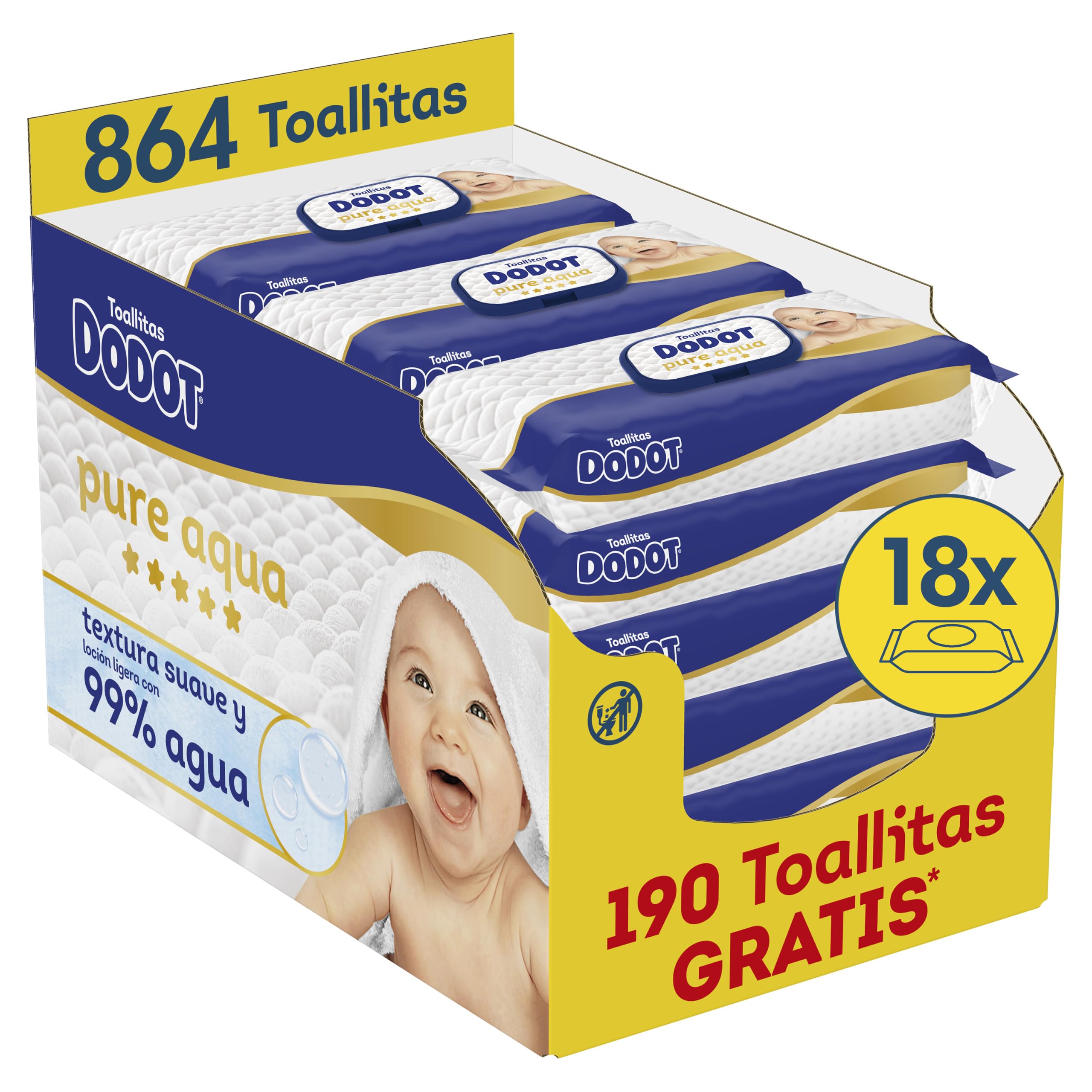 Dodot Toallitas Bebé Pure Aqua, 864 Toallitas (18 Packs x 48 uds) en oferta en Amazon