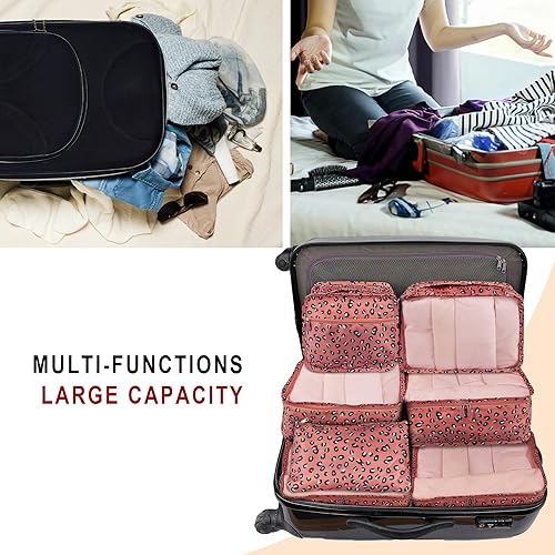 Miniatura 6 de Vercord Juego de 7 organizadores de viaje de malla para equipaje cubos con sujetador y ropa interior y bolsa para zapatos - Leopardo rosa
