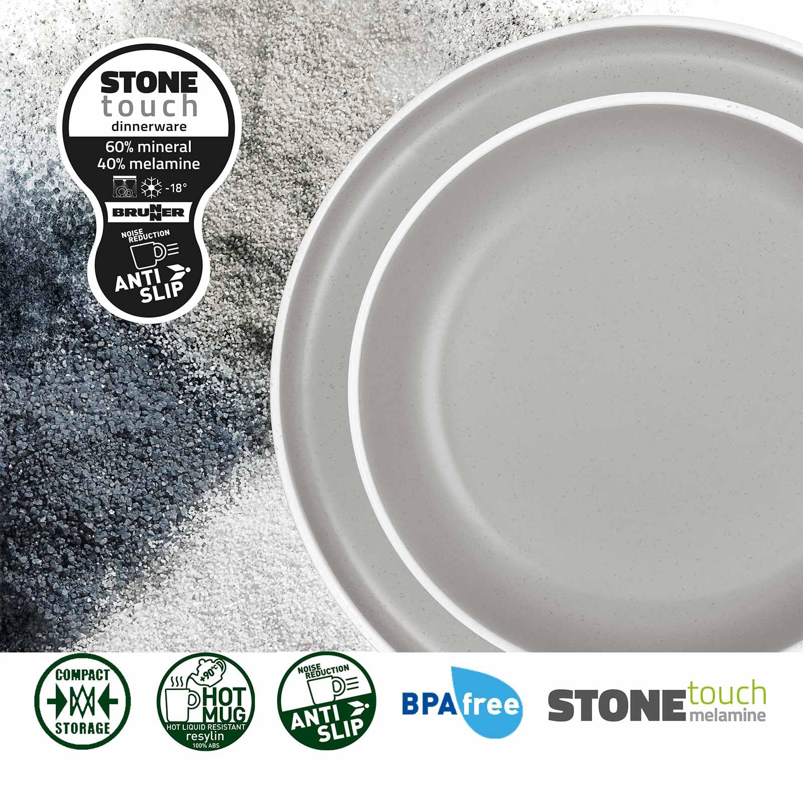 BRUNNER: Melamin Geschirr-Set Camping | 36-tlg - Teller, Becher, Besteck, Gläser für 2-4 Personen | TRILOGY GREY All Inclusive - Kratzfest, Hochwertig+edel | Steingutoptik + Porzellanhaptik | AntiSlip