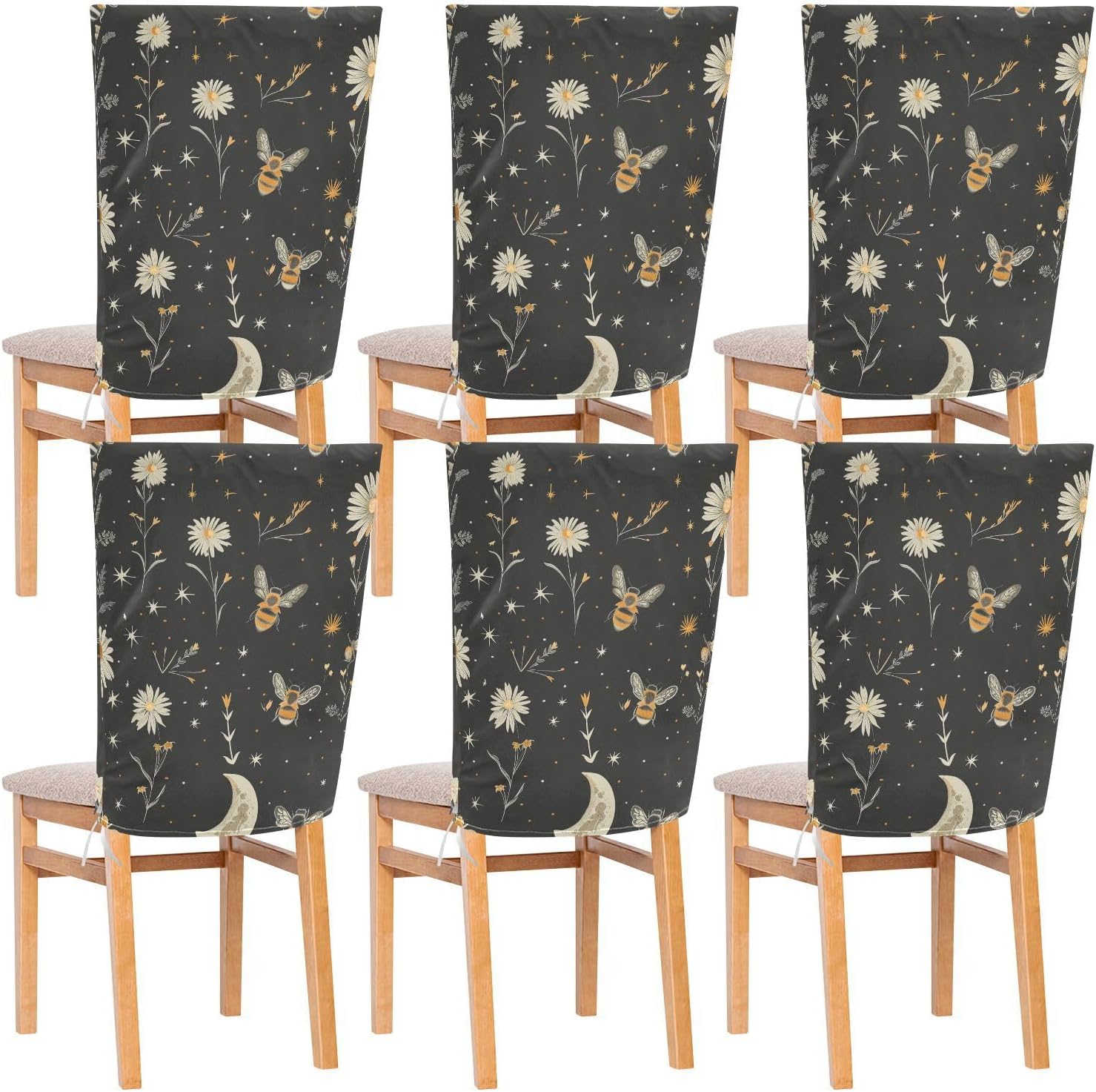 ALAZA Bee White Flowers Moon Stars Chair Back Cover Set of 6, Washable Reusable Removable Chair Slipcovers Decorative Chair Cover for Home Kitchen Wedding Party
