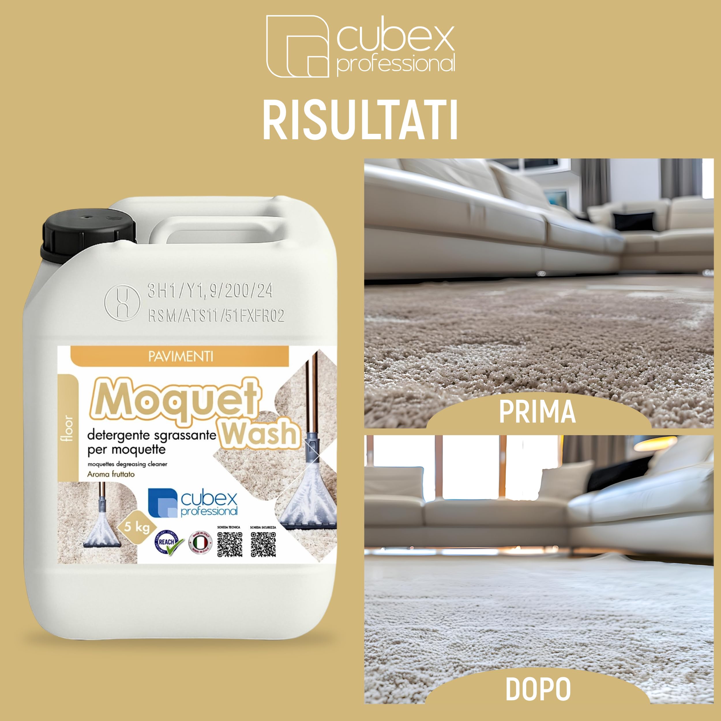 Cubex Professional Moquet Wash 5 L – Nettoyant parfumé pour tapis, tissus et tissus d'ameublement – Dégraissez, Ravive les couleurs et Parfume Moquette, Auto, Sièges, Fauteuils, Canapés