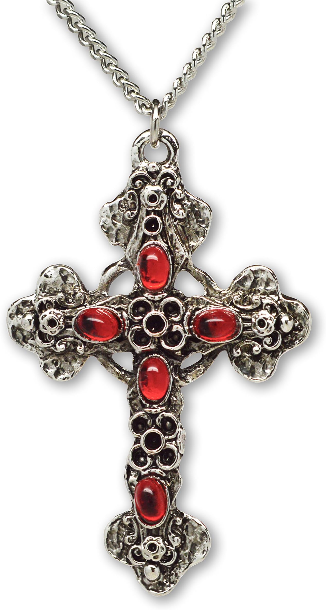 Gothic Filigree Cross with Red Stones Medieval Renaissance Pewter Pendant Necklace