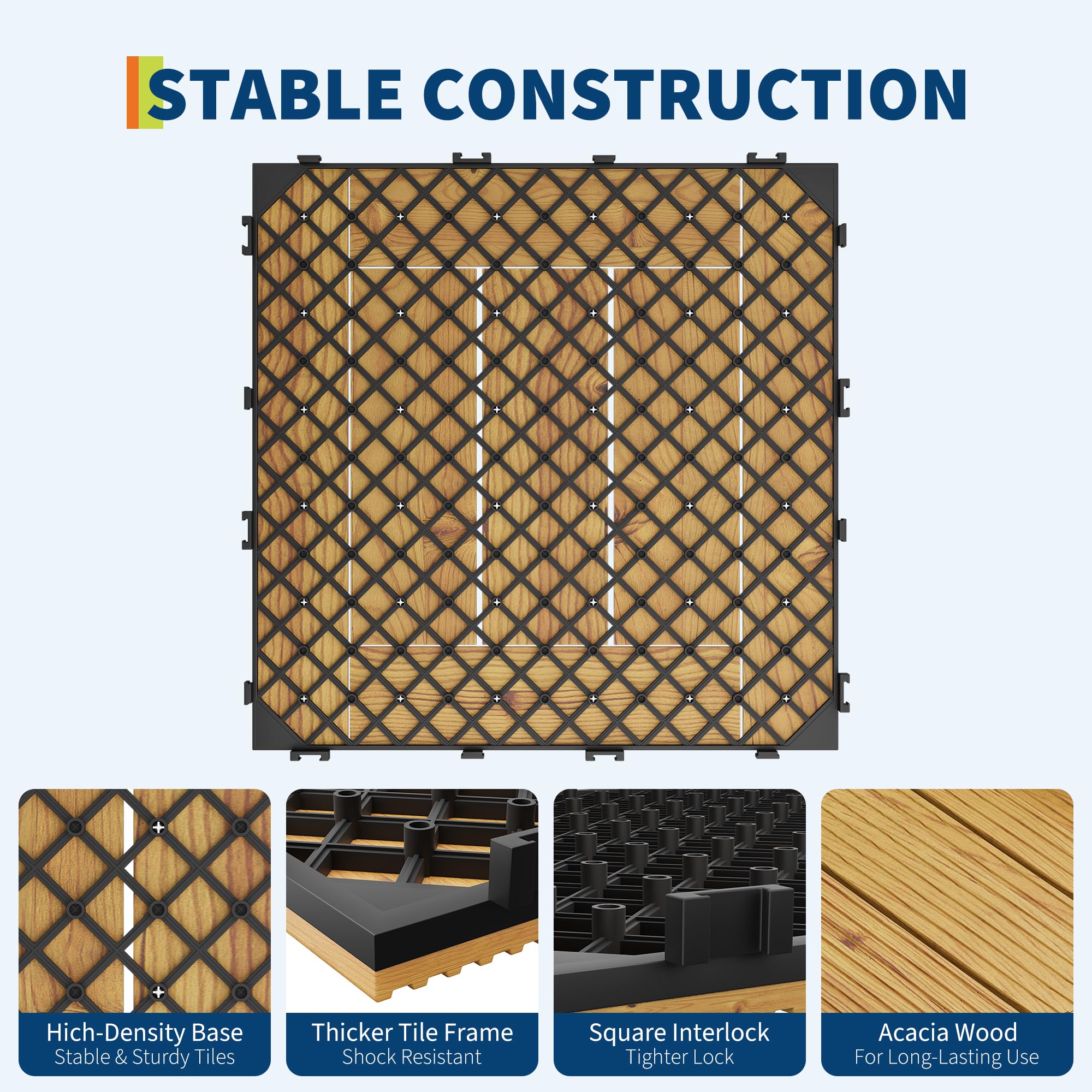 Zstar Dalles emboîtables en bois d’acacia massif – Revêtement de sol imperméable, antidérapant pour balcon, terrasse, jardin, piscine – Installation facile, finition jaune, 33 pièces, 30x30 cm,
