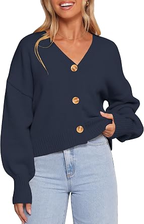 Balimtoy Womens V Neck Cropped Cardigan Casual Lightweight Lantern Long Sleeve Button Down Spring Fall Sweater Jacket 2026