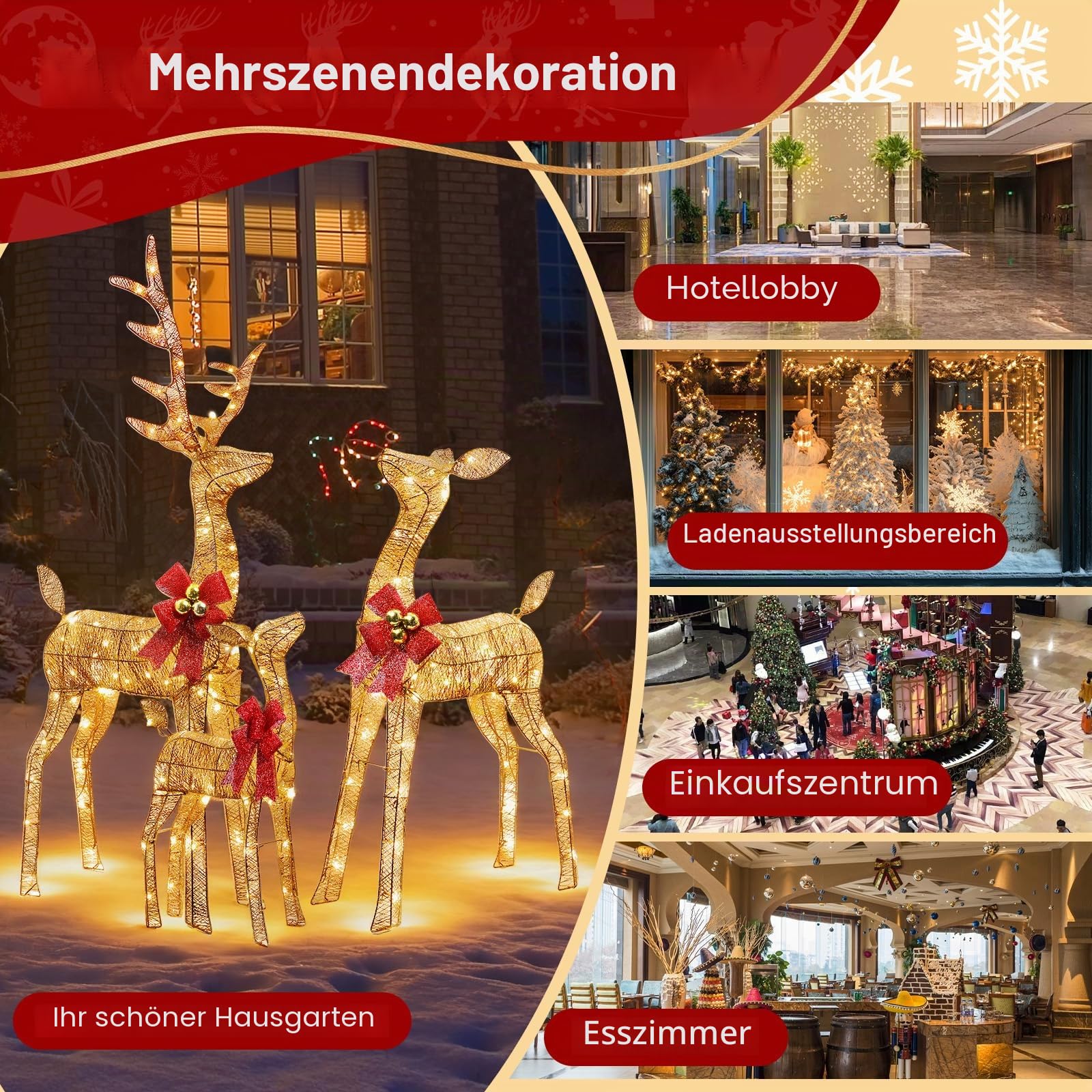 3 Stück Rentier Beleuchtet Aussen,Große Weihnachtsdekoration für den Draußen,mit 360° LED-Licht, Erdspießen, Wasserdicht, Goldfarben, für Hof, Terrasse, Restaurant Weihnachtsdeko