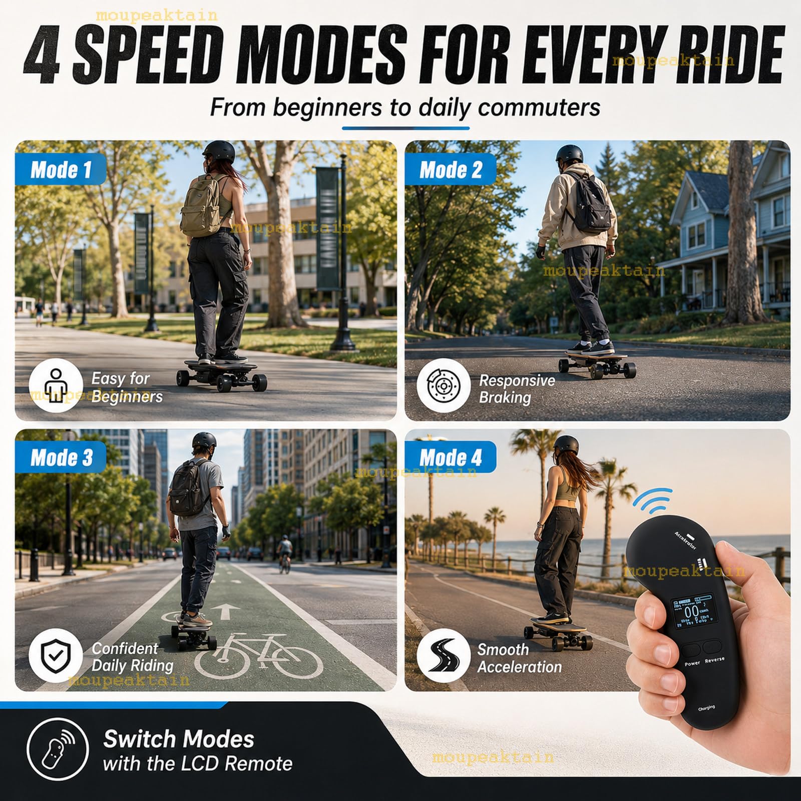 Elektryczna deskorolka dla dorosłych z pilotem, elektryczna longboard 350 W, 4 prędkości, do 25 km/h, zasięg 15 km, przenośna deskorolka elektryczna z uchwytem do kampusu i miasta