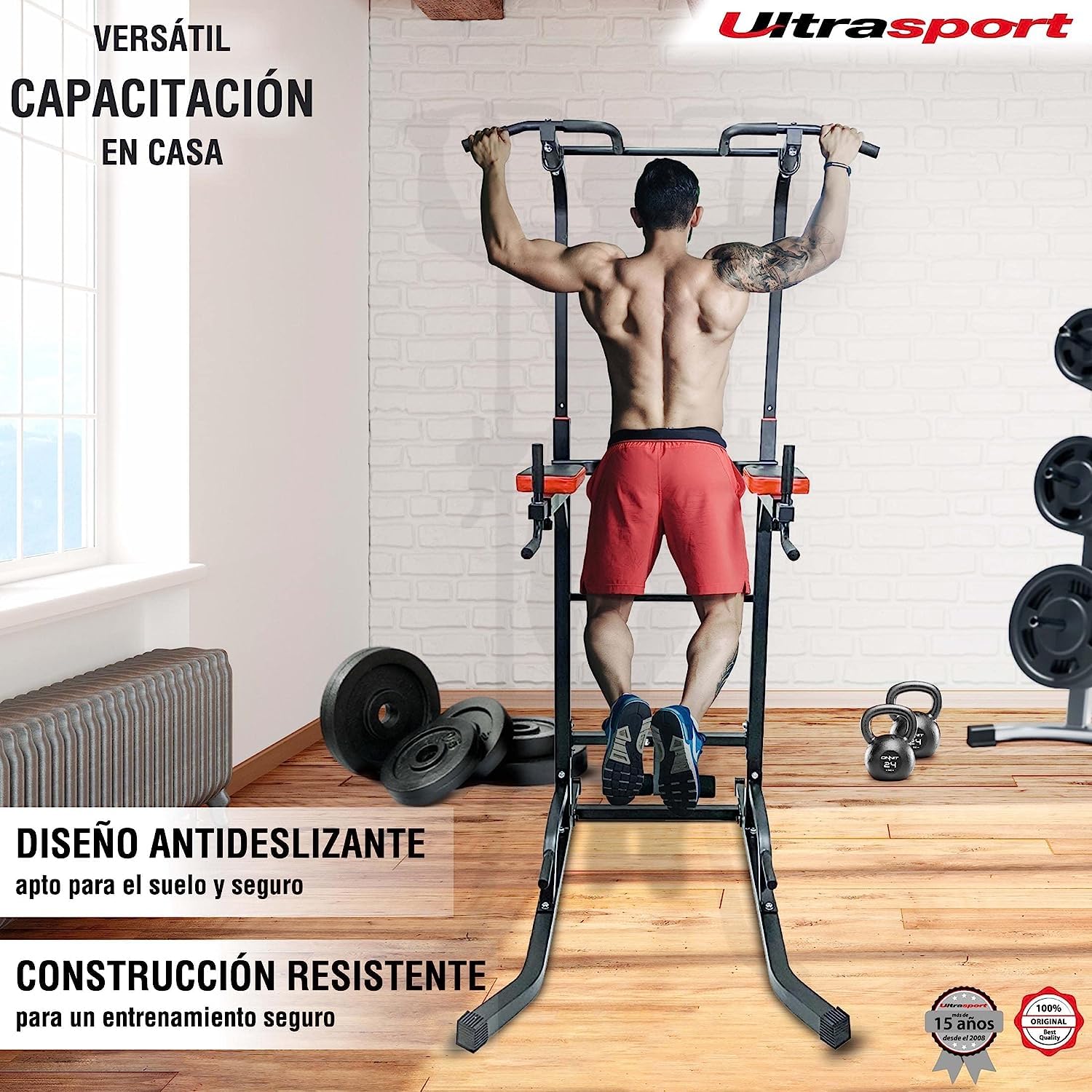 Ultrasport Power Tower, estación de flexiones, estación de inmersión, torre de fitness, altura ajustable, gimnasio en casa, torre de fuerza, ajustable hasta 150 kg de peso del usuario