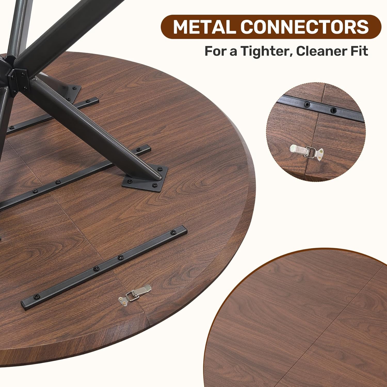 47.2" 5-Piece Round Dining Table Set for 4, Modern Wood Dining Table with 4 Upholstered Chairs, Kitchen & Dining Room Table Set with Metal Base for Apartment, Small Space, Walnut Table+4 Brown Chairs
